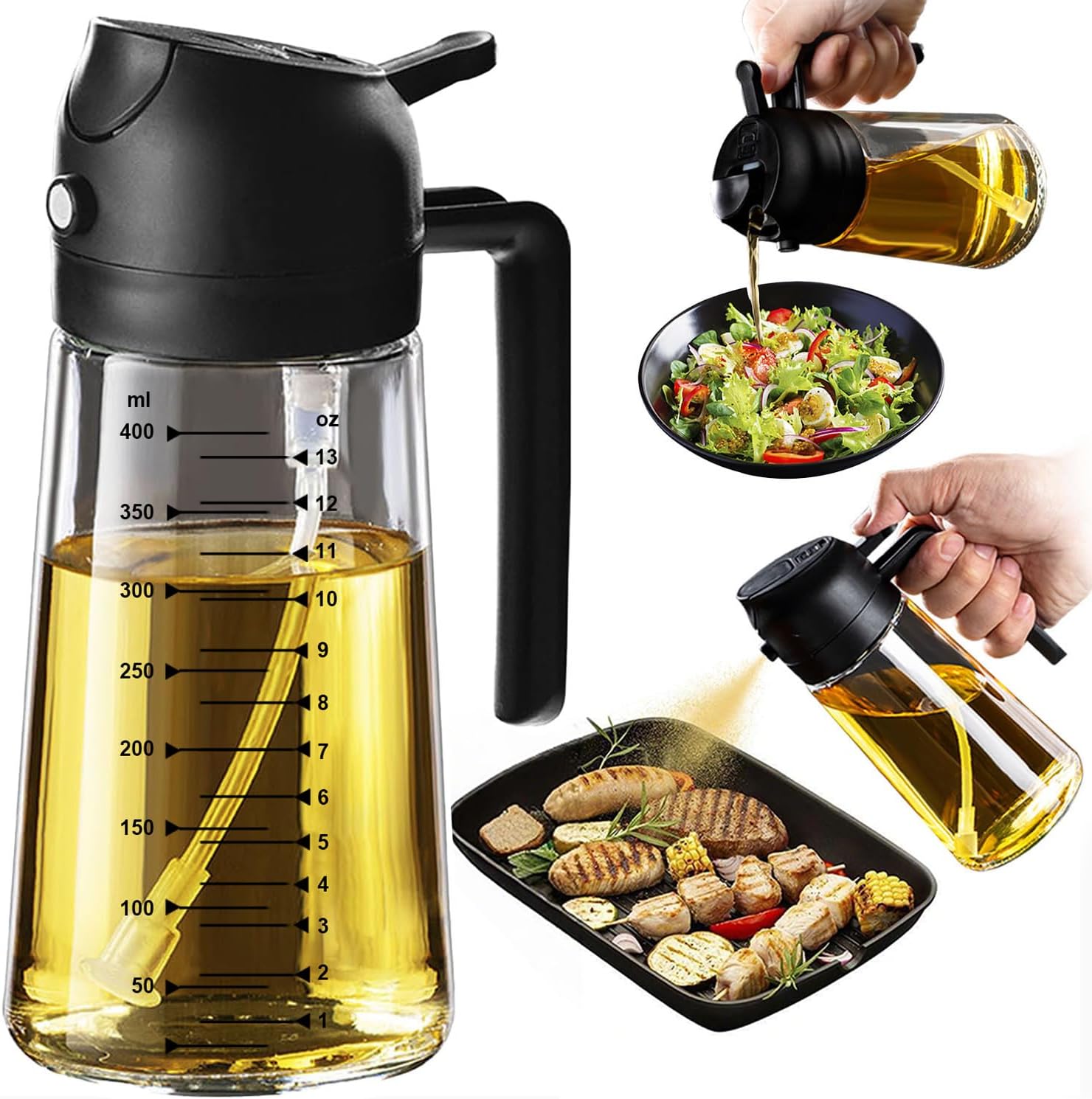 TrendPlain Spray Huile Cuisine 470ml – Vaporisateur Huile Air Fryer 2-en-1 pour Cuisson, Salades, Vinaigre et Accessoire Cuisine (1 pièce, Noir)