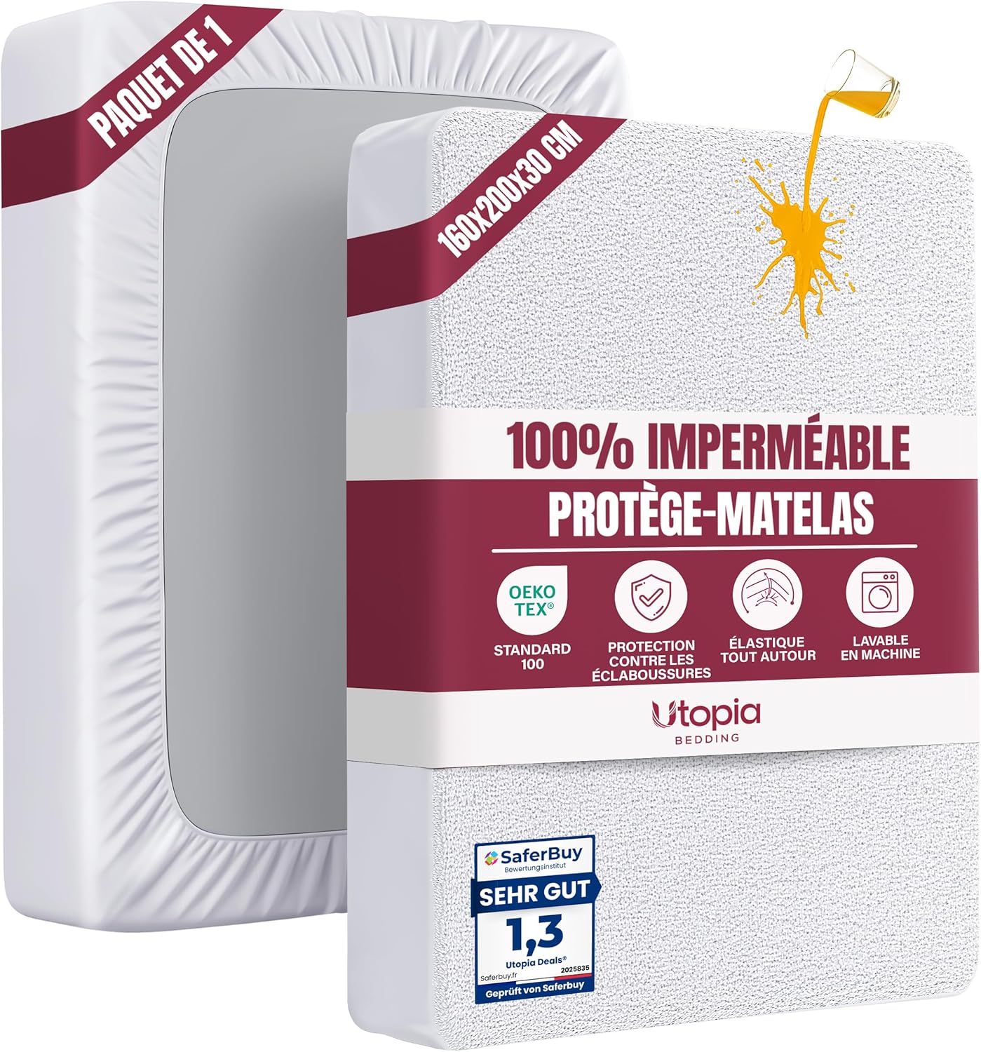 Utopia Bedding Protège Matelas 160 x 200 x 30 cm Imperméable, Certifié Oeko TEX, Alèse Drap Housse, Matelas Couvre, Respirant, Élastique Tout Autour Blanc
