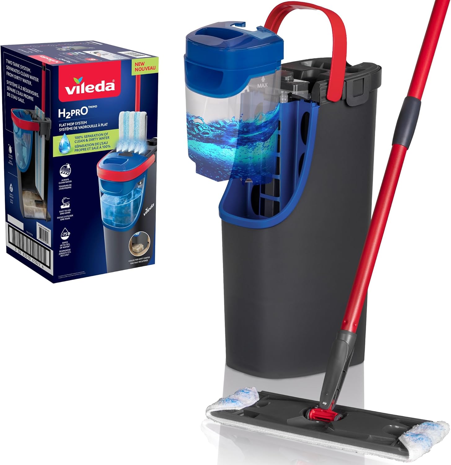 Vileda - H2pro Balai Plat - Système Innovant à Double Réservoir Distinct - Balai Plat avec Recharge Microfibre - Sépare l'eau Propre et Sale pour Une Hygiène Impeccable - Design Ergonomique