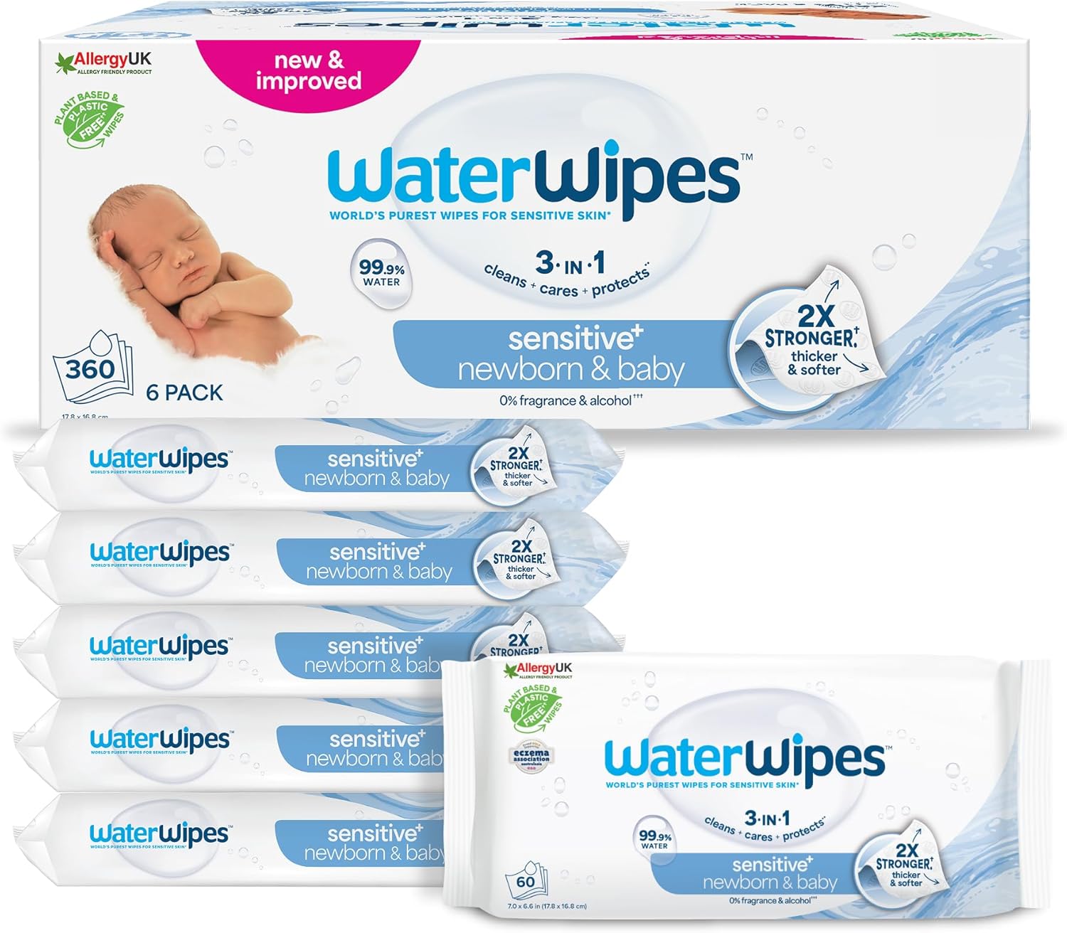 WaterWipes Sensitive+ Newborn & Baby Wipes, Lingettes Pour Nouveau-Nés et Bébés, 360 unités (6 paquets), 3-en-1 nettoie, soigne, protège, 99,9% d'eau, non parfumées