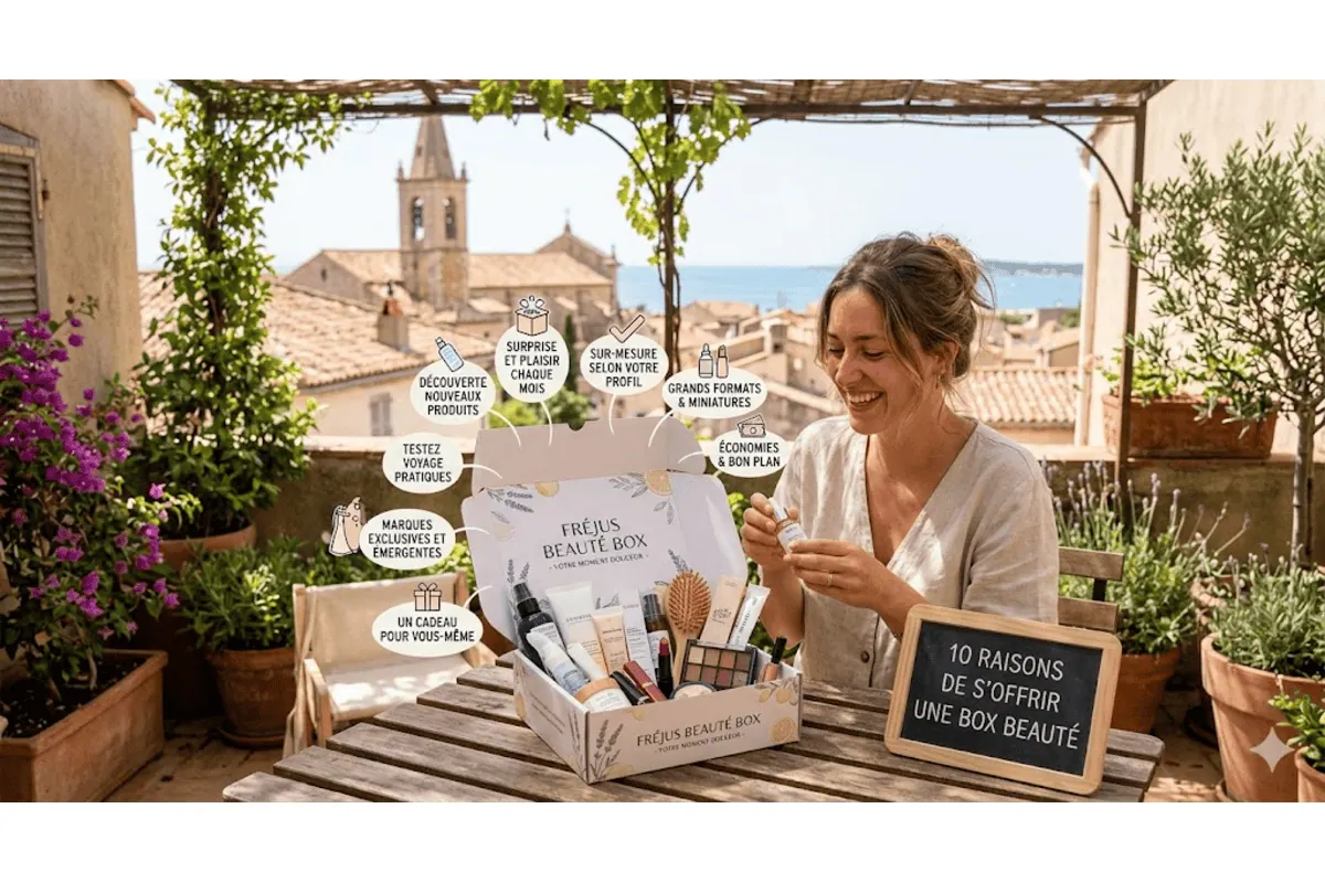 Femme ouvre box beauté Fréjus terrasse vue village provençal mer infographie 10 raisons découverte cadeau