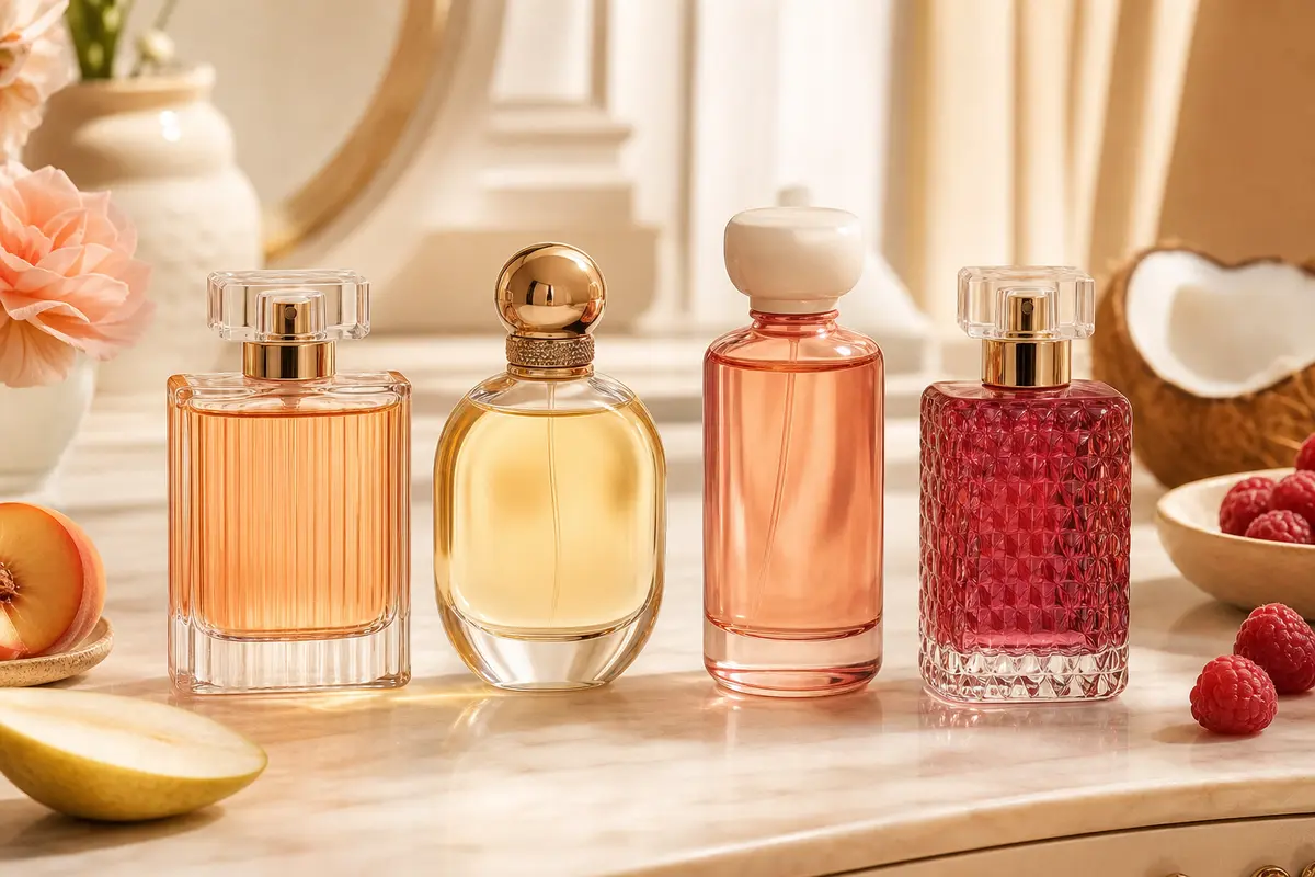 Quatre flacons de parfum évoquant des senteurs fruitées, gourmandes et solaires