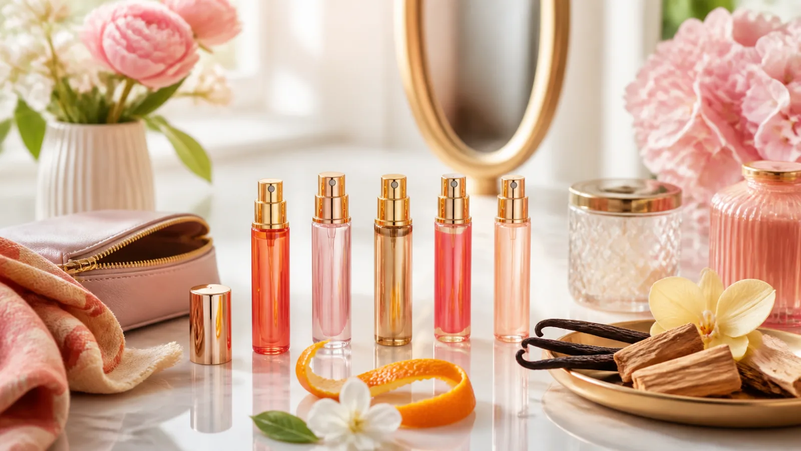 Petits vaporisateurs de parfum entourés de fleurs, agrumes, vanille et bois