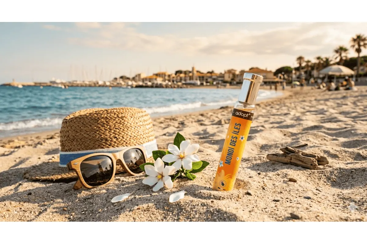 Adopt Monoï des Îles flacon orange plage sable chapeau paille lunettes bois fleurs tiaré bois flotté coucher de soleil