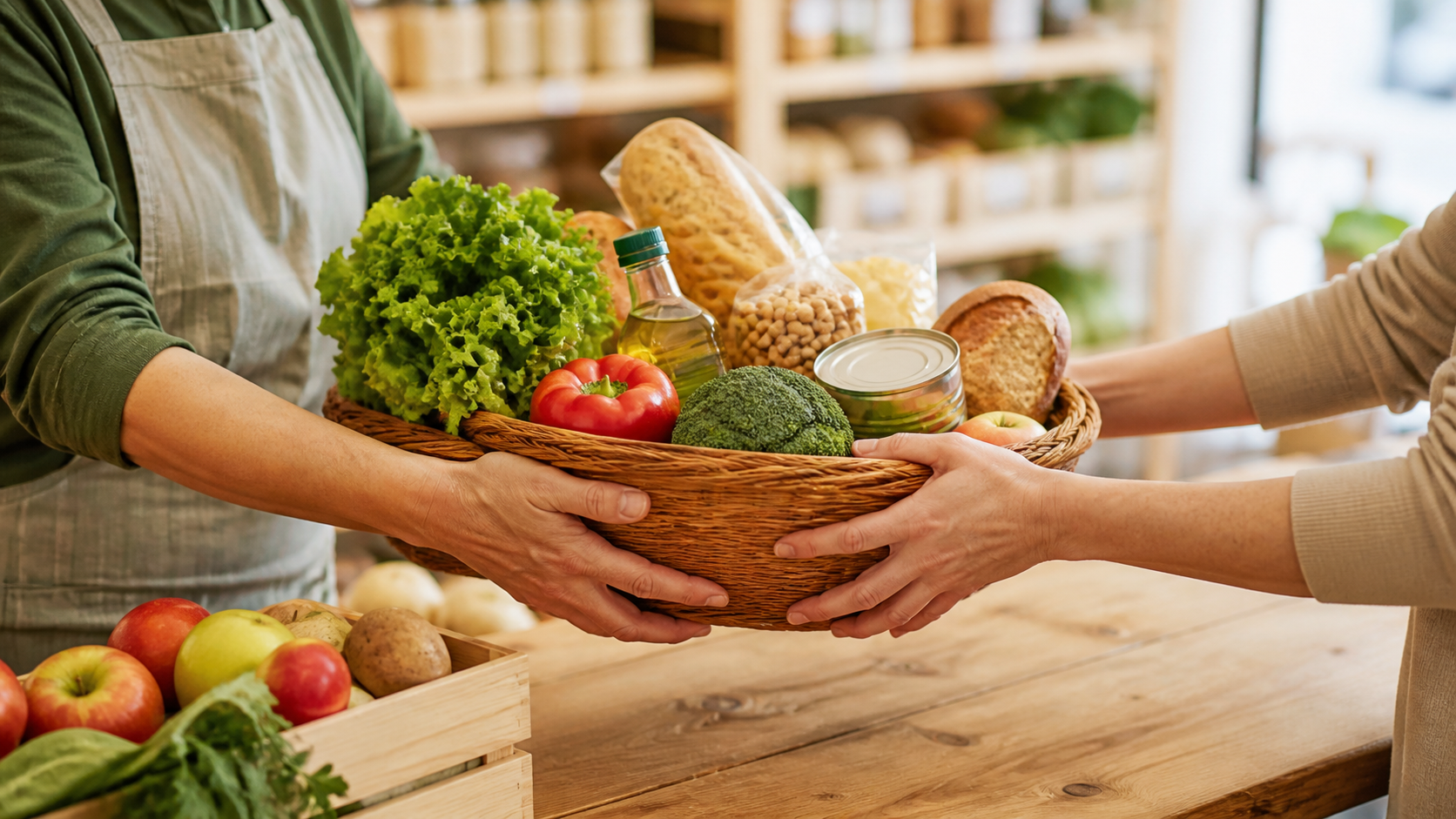 Panier de produits alimentaires remis dans une épicerie solidaire en France