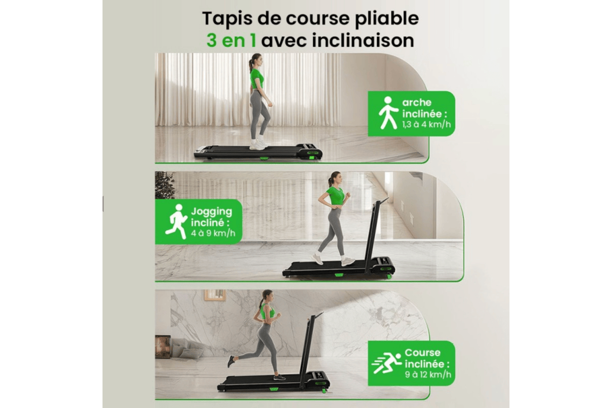 Akluer 480L-B tapis de marche pliable 3 modes marche jogging course inclinée vitesses adaptables salon télétravail