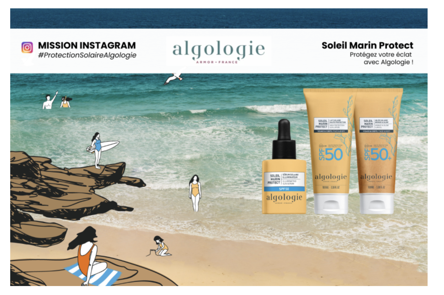 Algologie produits solaires sérum lait gelée SPF50 test gratuit