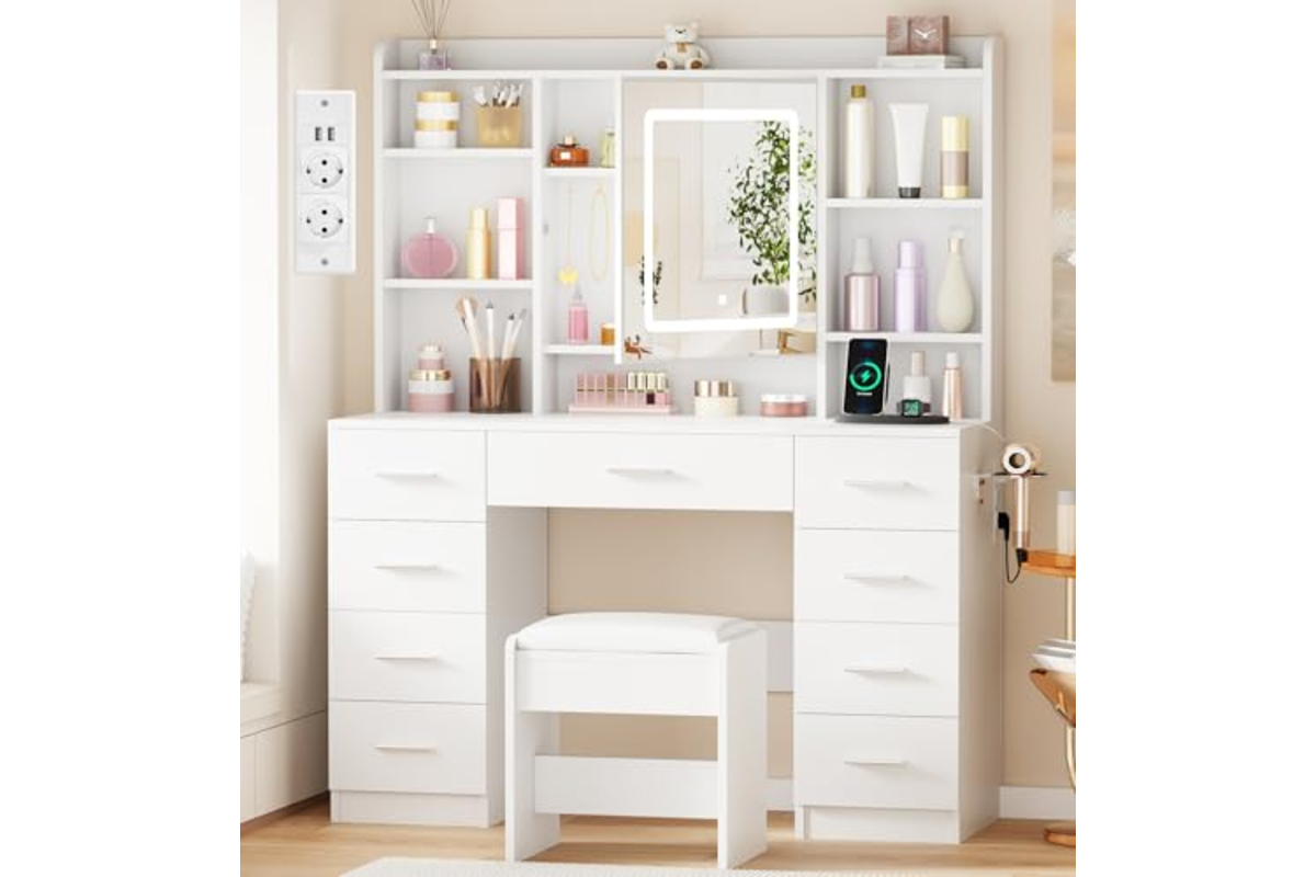 Coiffeuse blanche BEWISHOME avec miroir éclairé LED, tiroirs et tabouret