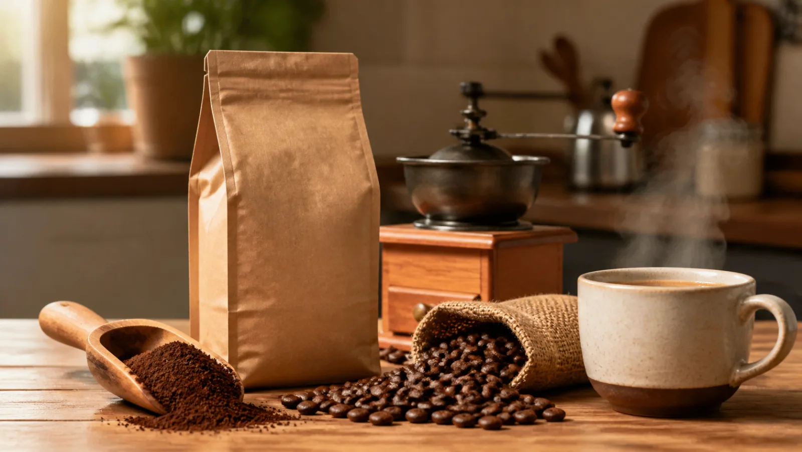 Café moulu, grains, moulin et tasse fumante sur une table