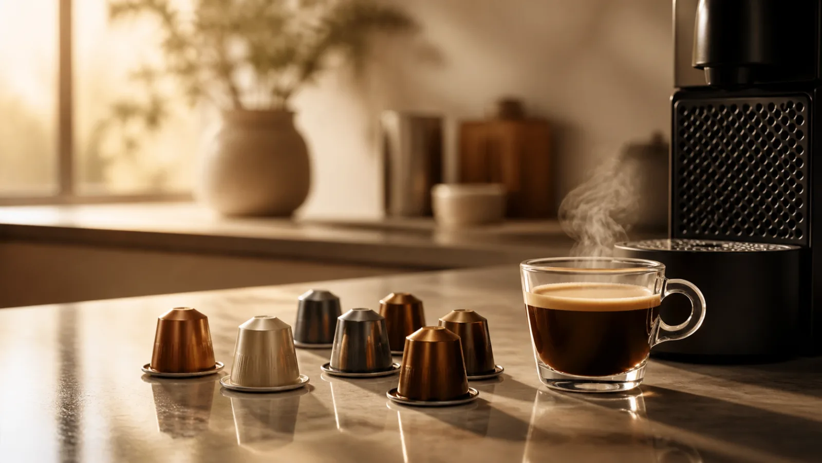 Capsules de café sans marque près d’un espresso et d’une machine