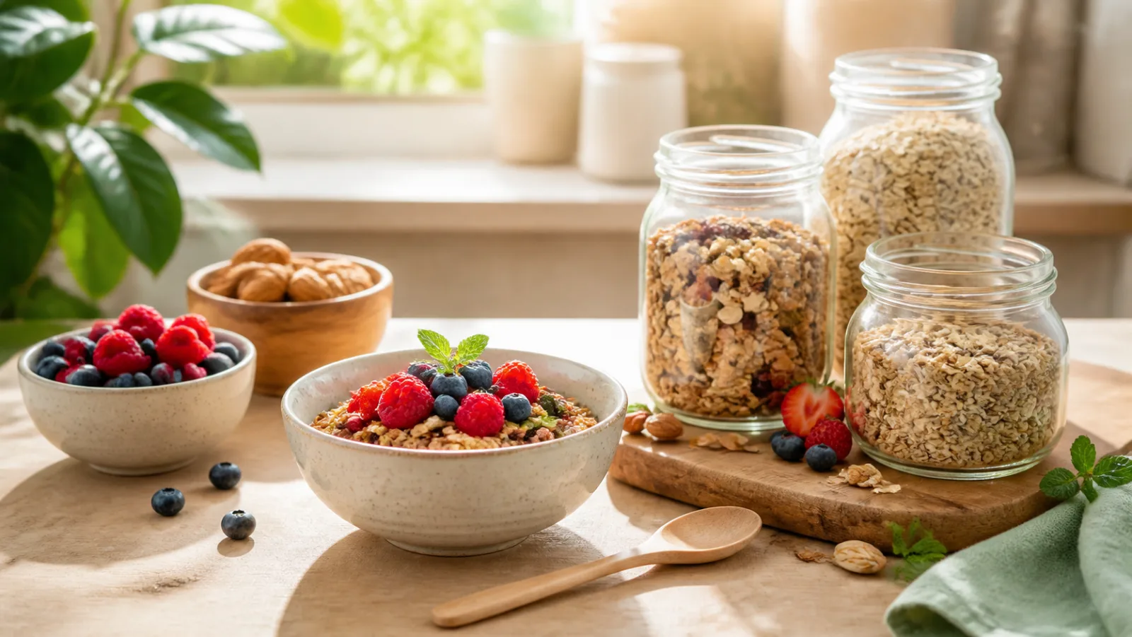 Bols et bocaux de muesli, granola et flocons d’avoine avec des fruits