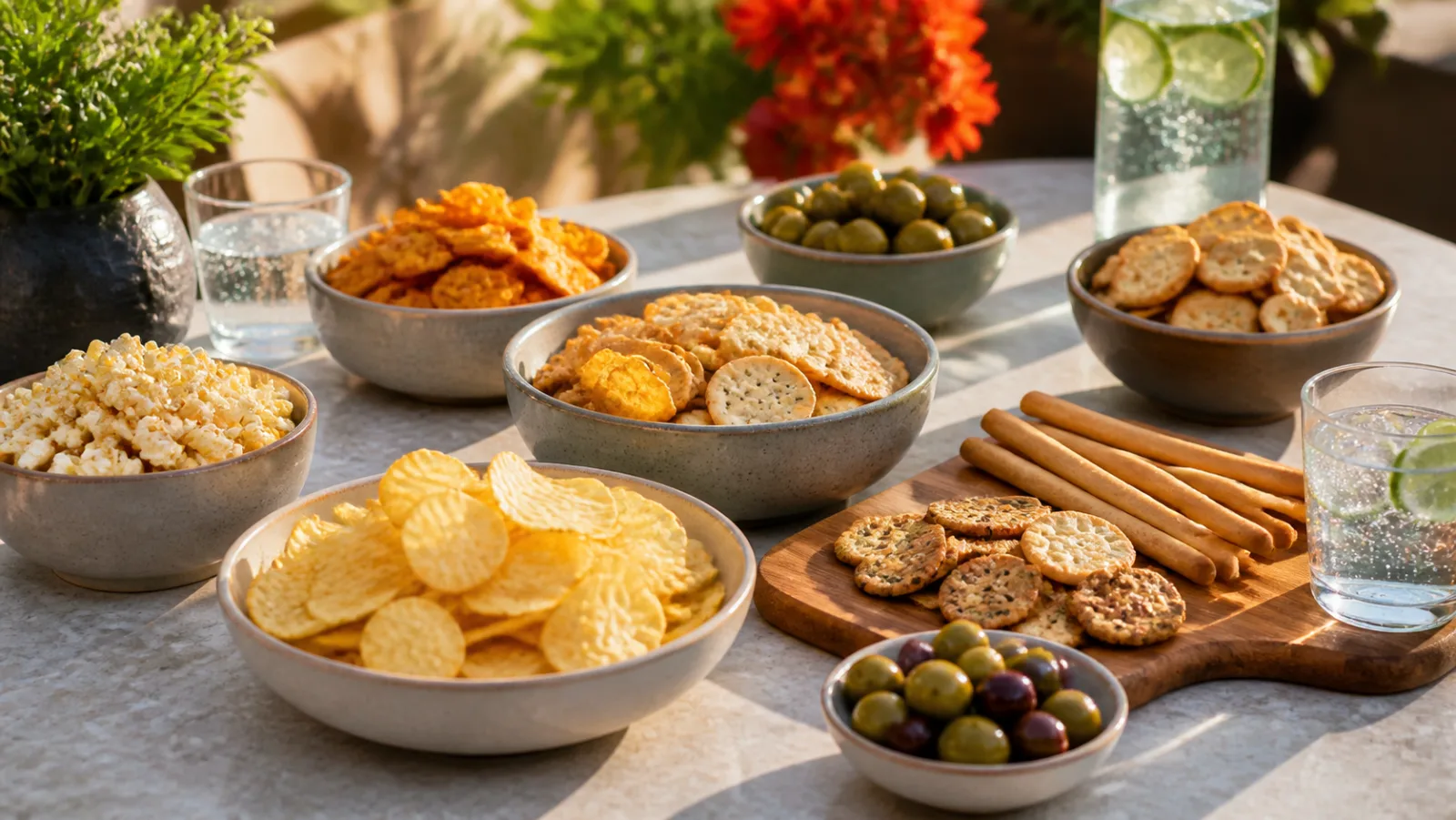 Assortiment de chips, crackers et biscuits apéritifs dans des bols