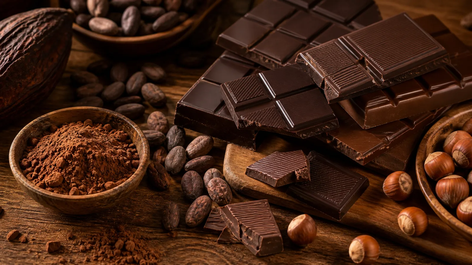 Tablettes de chocolat noir et au lait avec cacao et noisettes