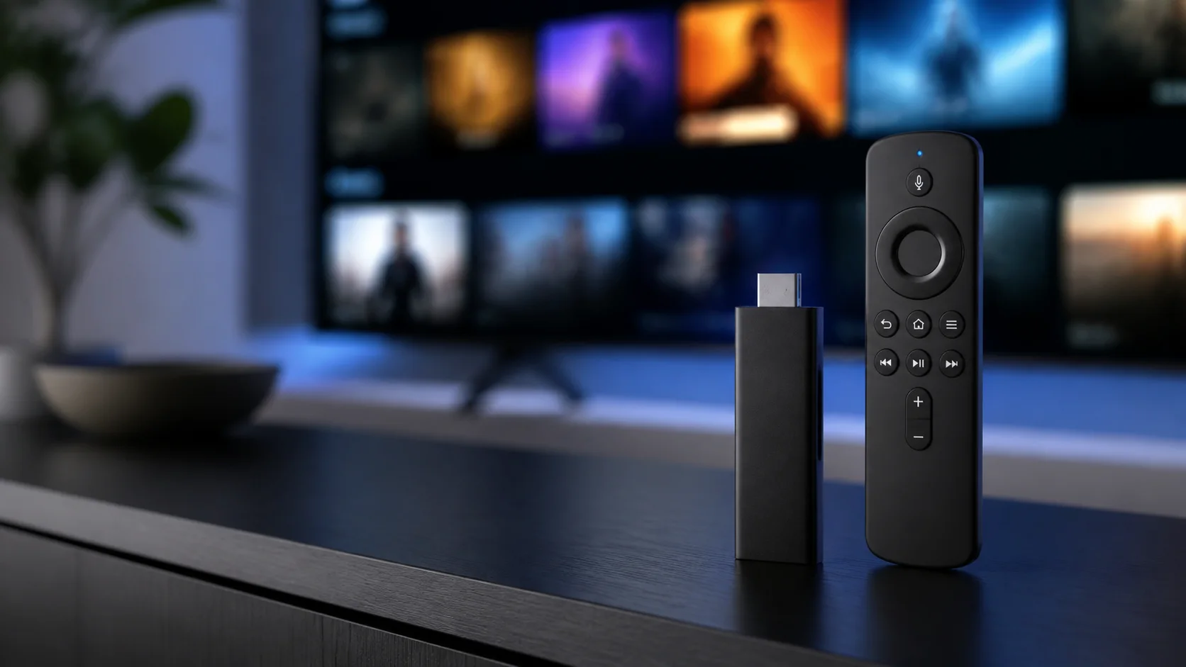Lecteur multimédia HDMI noir avec télécommande vocale devant un téléviseur