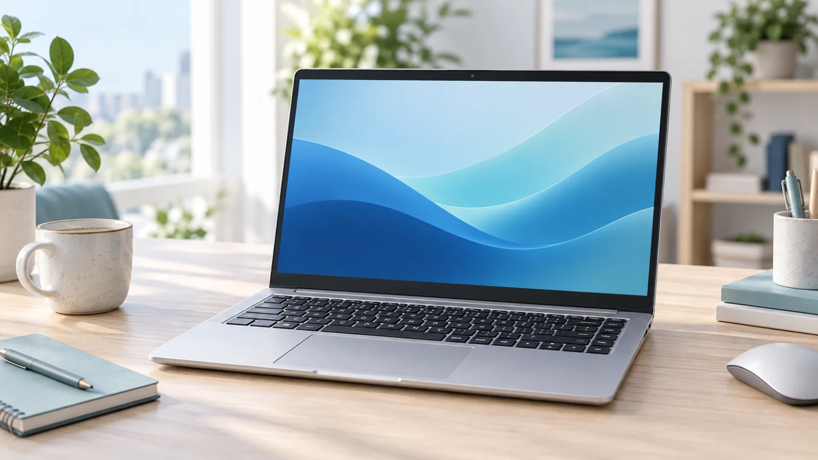 PC portable 15,6 pouces ouvert sur un bureau lumineux