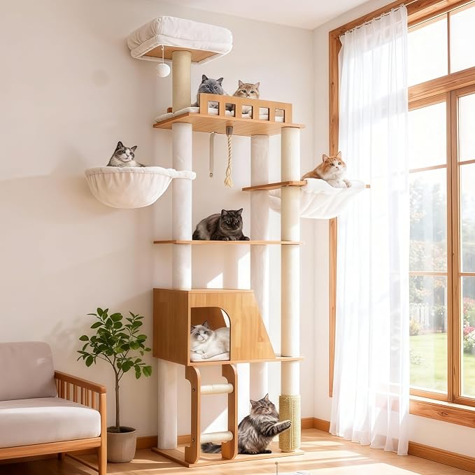Arbre à chat en bois Hey-brother de 184 cm avec plateformes, niche et hamac