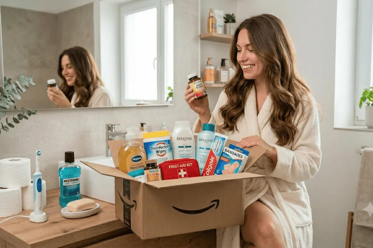 Amazon Hygiène et Santé — best-sellers dès 2€ : brosse à dents électrique Oral-B, bain de bouche Listerine, gel douche Dove, dentifrice Elmex, vitamines, premiers secours, sérum physiologique Physiodose (femme déballe colis Amazon hygiène dans salle de bain)