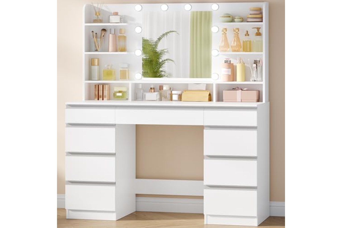 Coiffeuse blanche et argent Hzuaneri avec grand miroir et dix ampoules LED