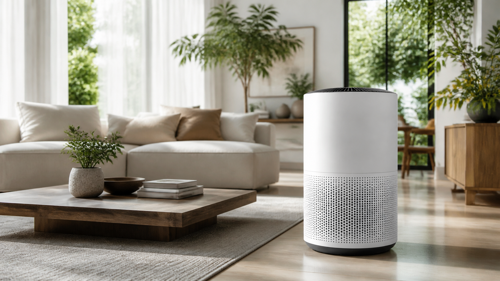 Purificateur d'air blanc dans un grand salon contemporain