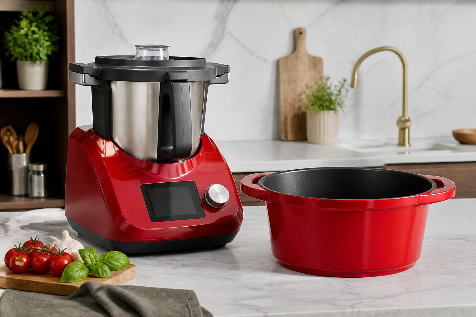 Robot cuiseur rouge accompagné d'une grande cocotte rouge