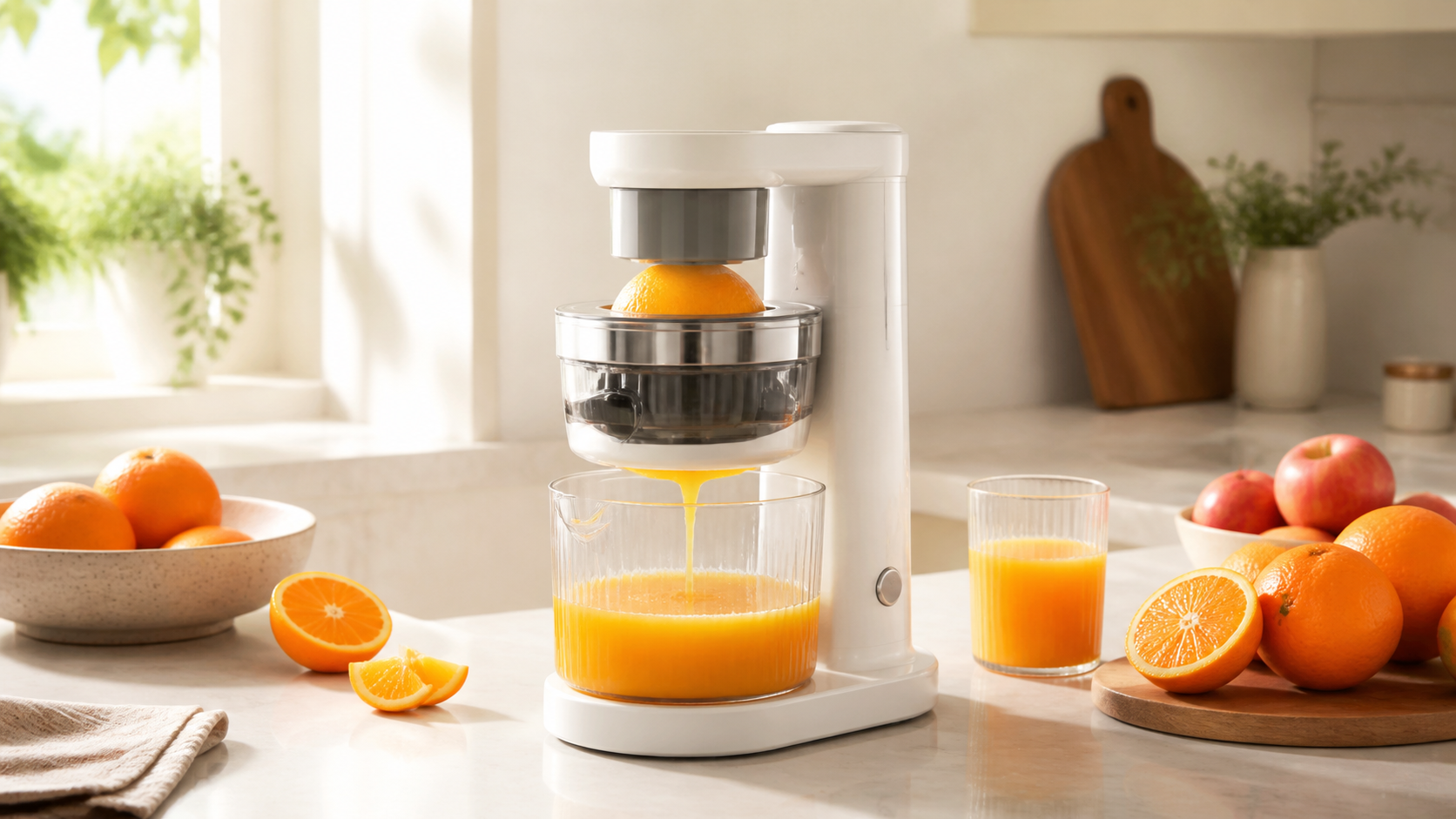 Extracteur de jus blanc avec agrumes dans une cuisine lumineuse