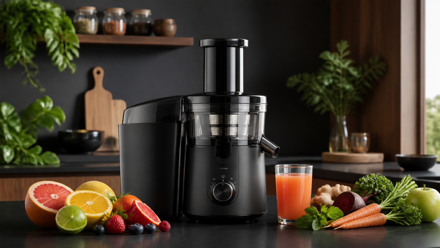 Extracteur de jus noir haut de gamme avec fruits et légumes frais