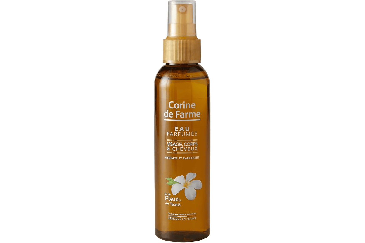 Corine de Farme brume parfumée Tiaré Monoï 150 ml flacon bleu blanc