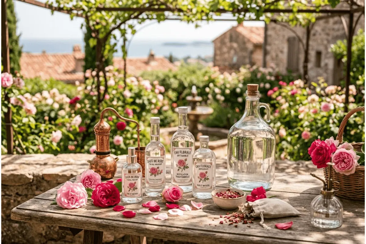 Comparatif meilleures eaux de rose bio 2026 — flacons hydrolat rose de Damas sur table bois rustique jardin méditerranéen fleurs roses alambic cuivre
