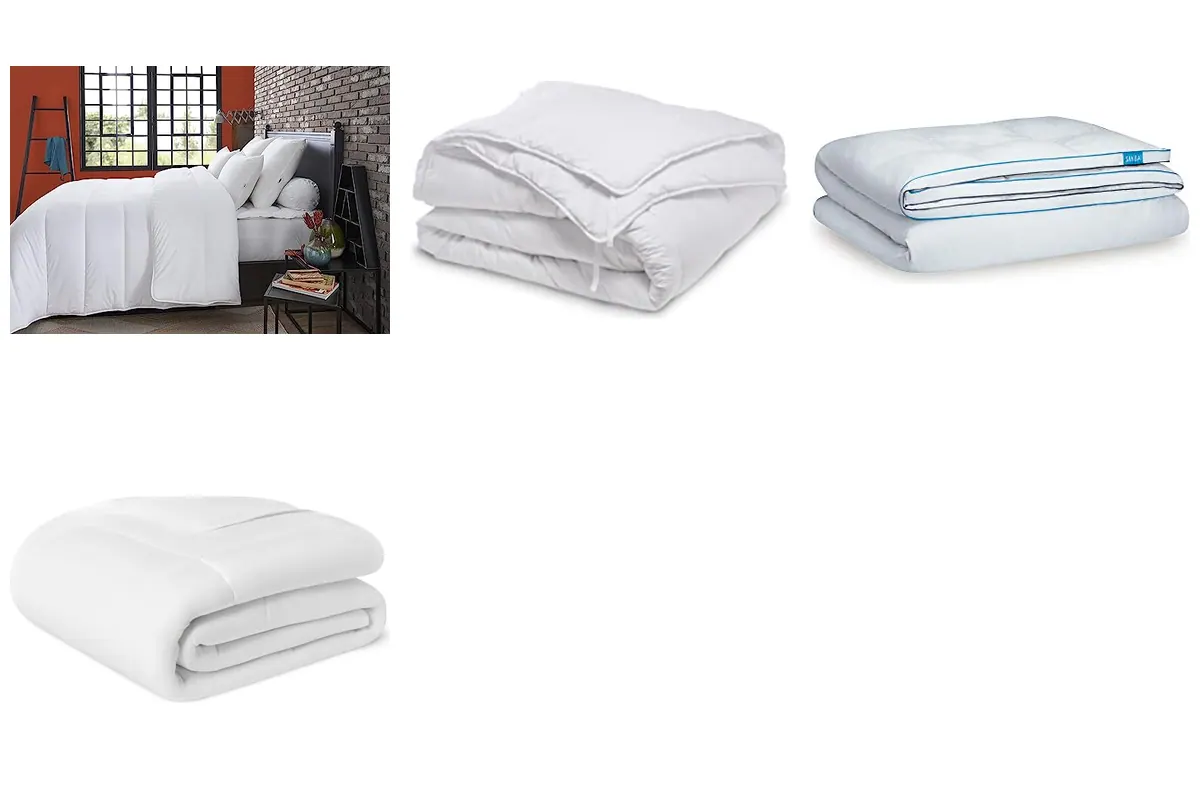 Quatre couettes du comparatif : Dodo Multi Protect, Bleu Câlin 4 saisons, Simba Hybrid et Amazon Basics
