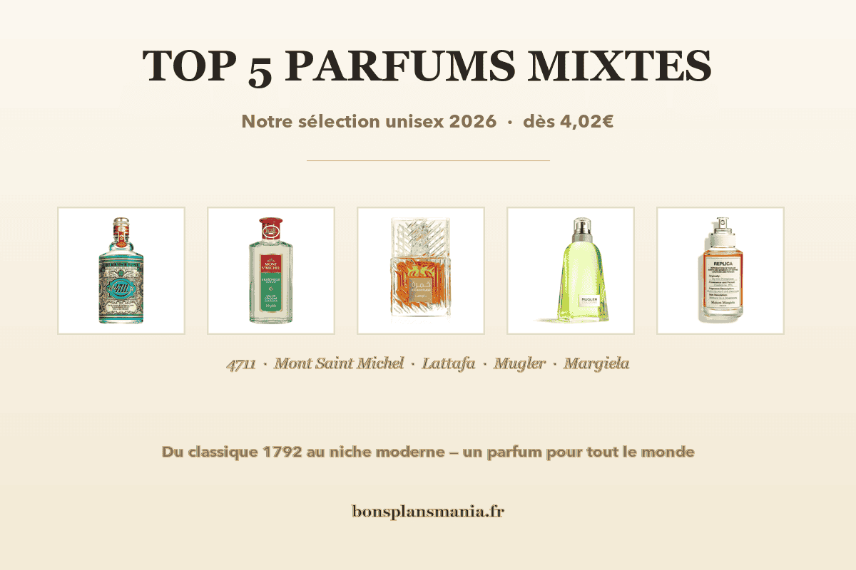 Top 5 meilleurs parfums mixtes unisex 2026 sélection Amazon 4711 Mont Saint Michel Lattafa Khamrah Mugler Cologne Maison Margiela Replica By The Fireplace