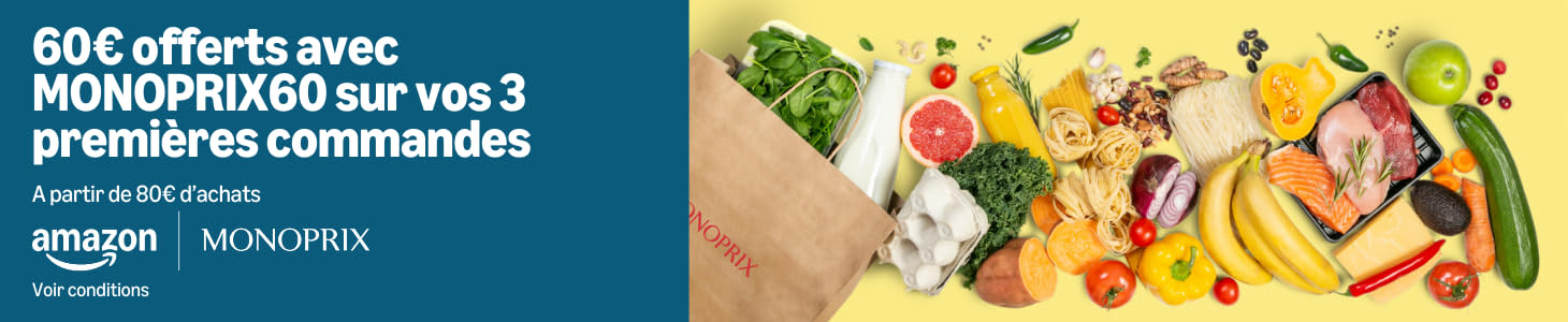 Bannière Amazon Monoprix annonçant offerts avec le code MONOPRIX60