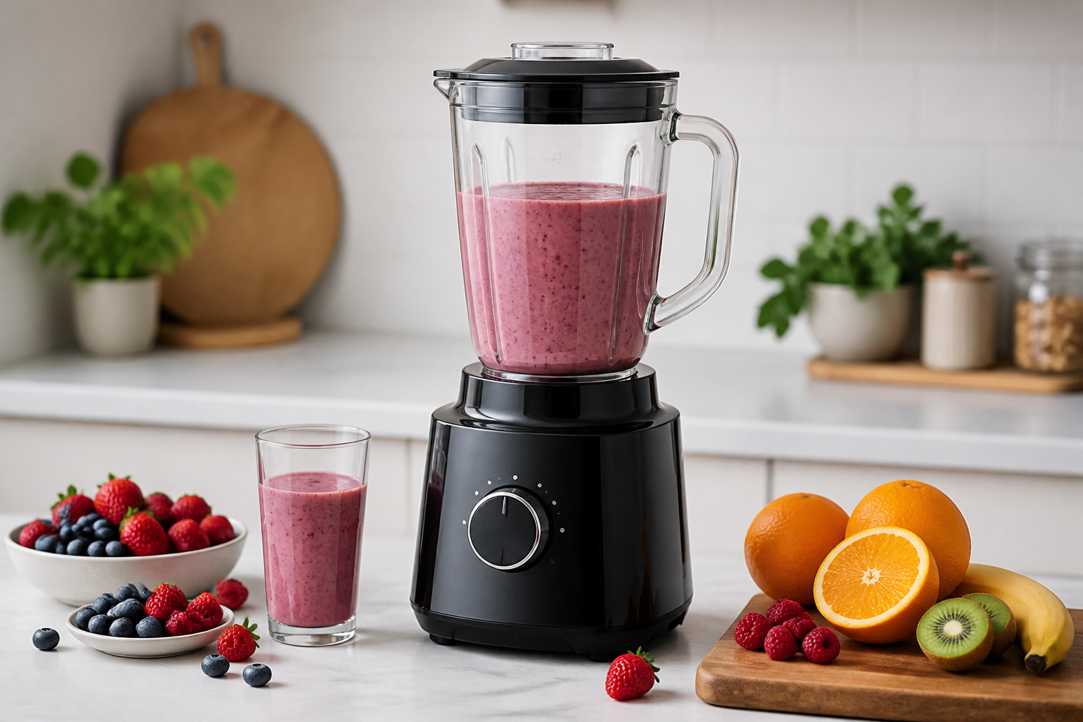 Blender noir avec bol en verre et smoothie aux fruits rouges