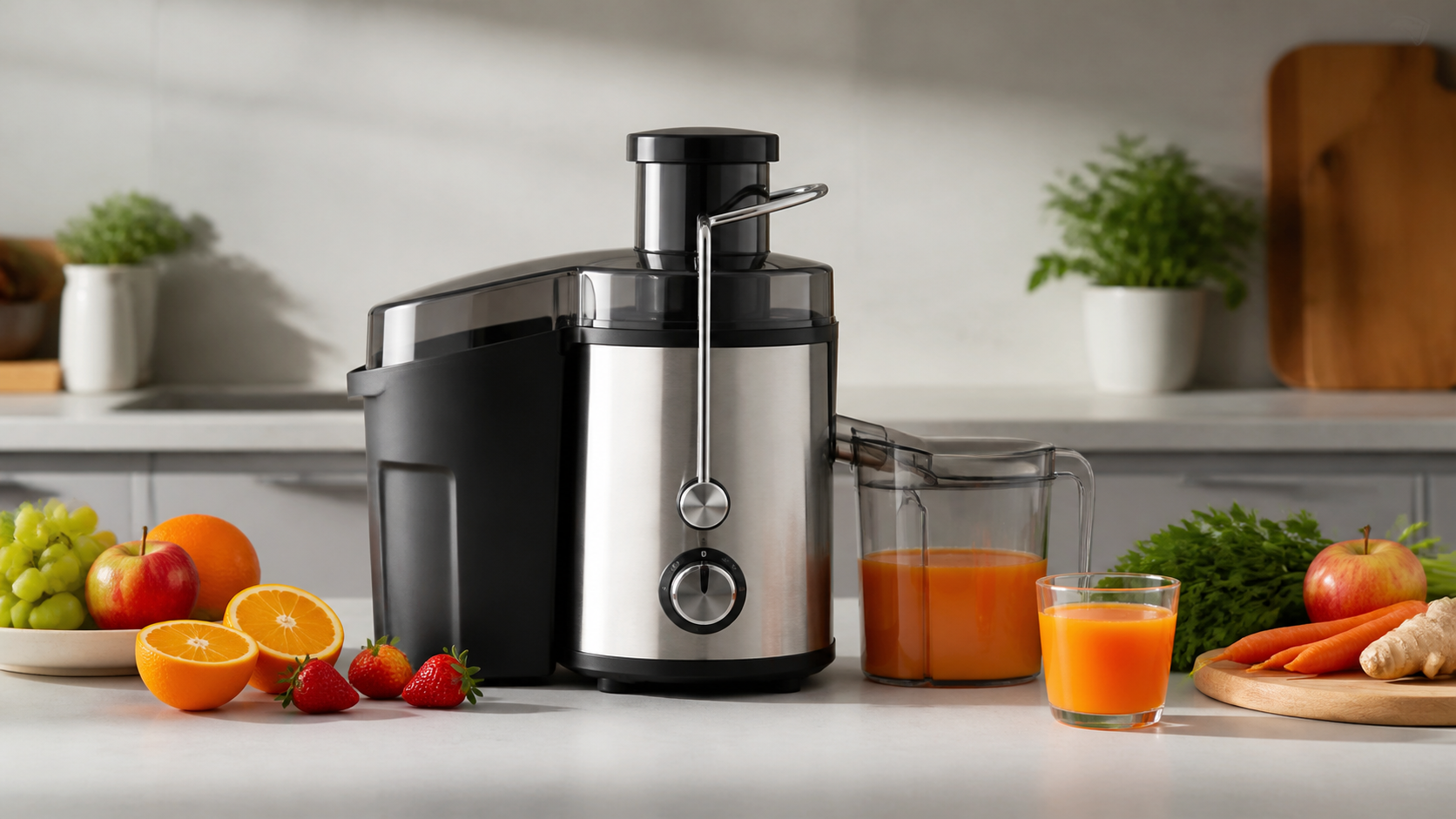 Centrifugeuse en acier avec fruits frais sur un plan de travail