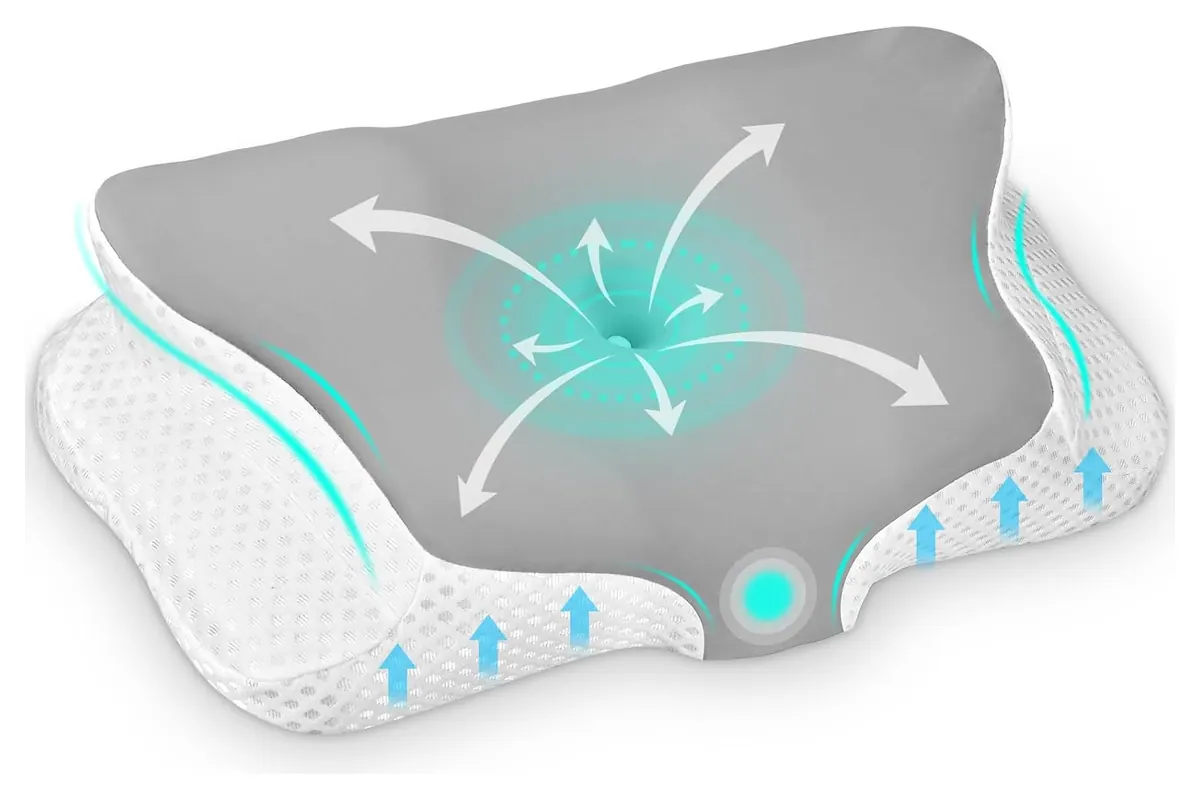 Oreiller ergonomique cervical Ehomfory gris à mémoire de forme, avec sa zone centrale creusée et ses bords surélevés pour le dormeur sur le côté