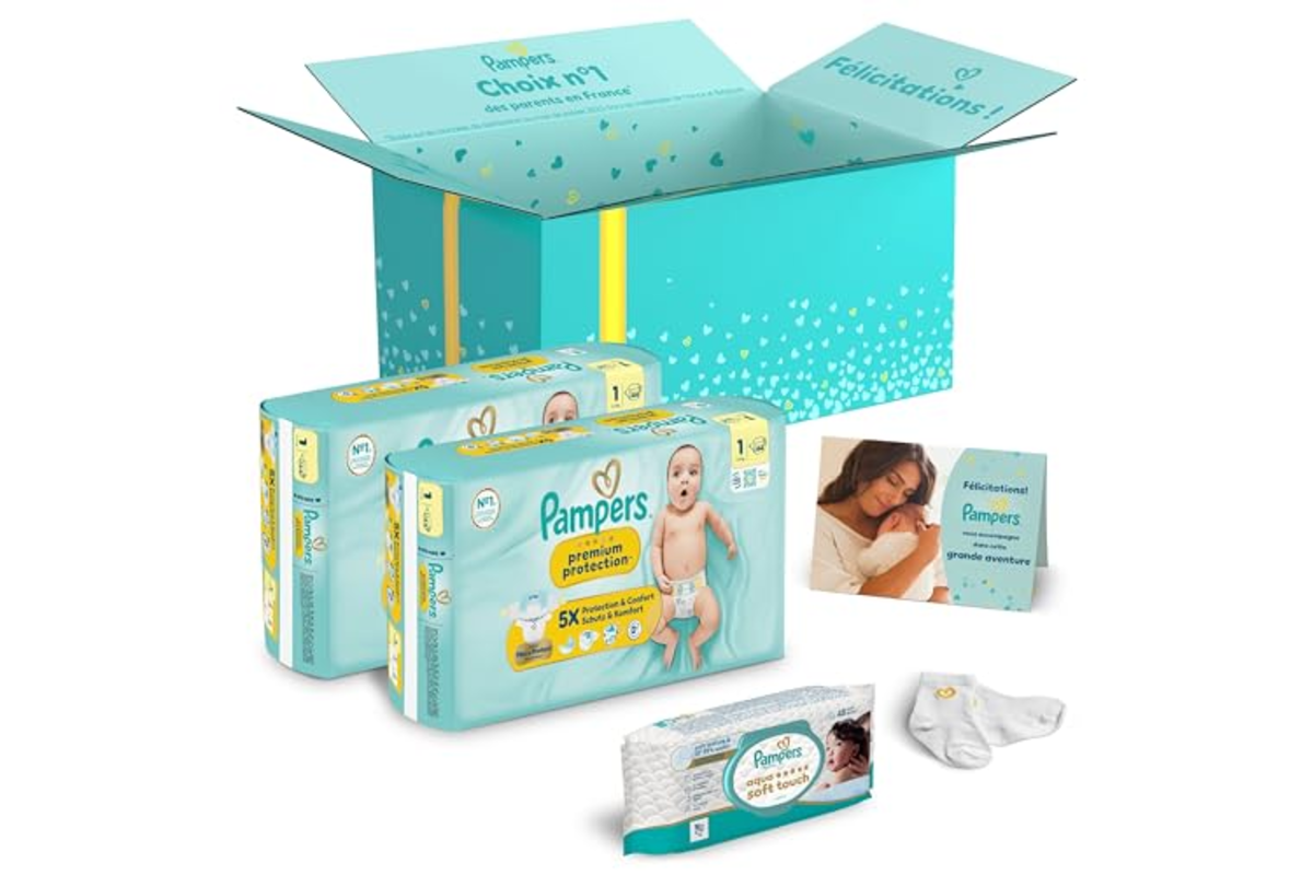 Coffret cadeau naissance Pampers avec couches taille 1 et lingettes