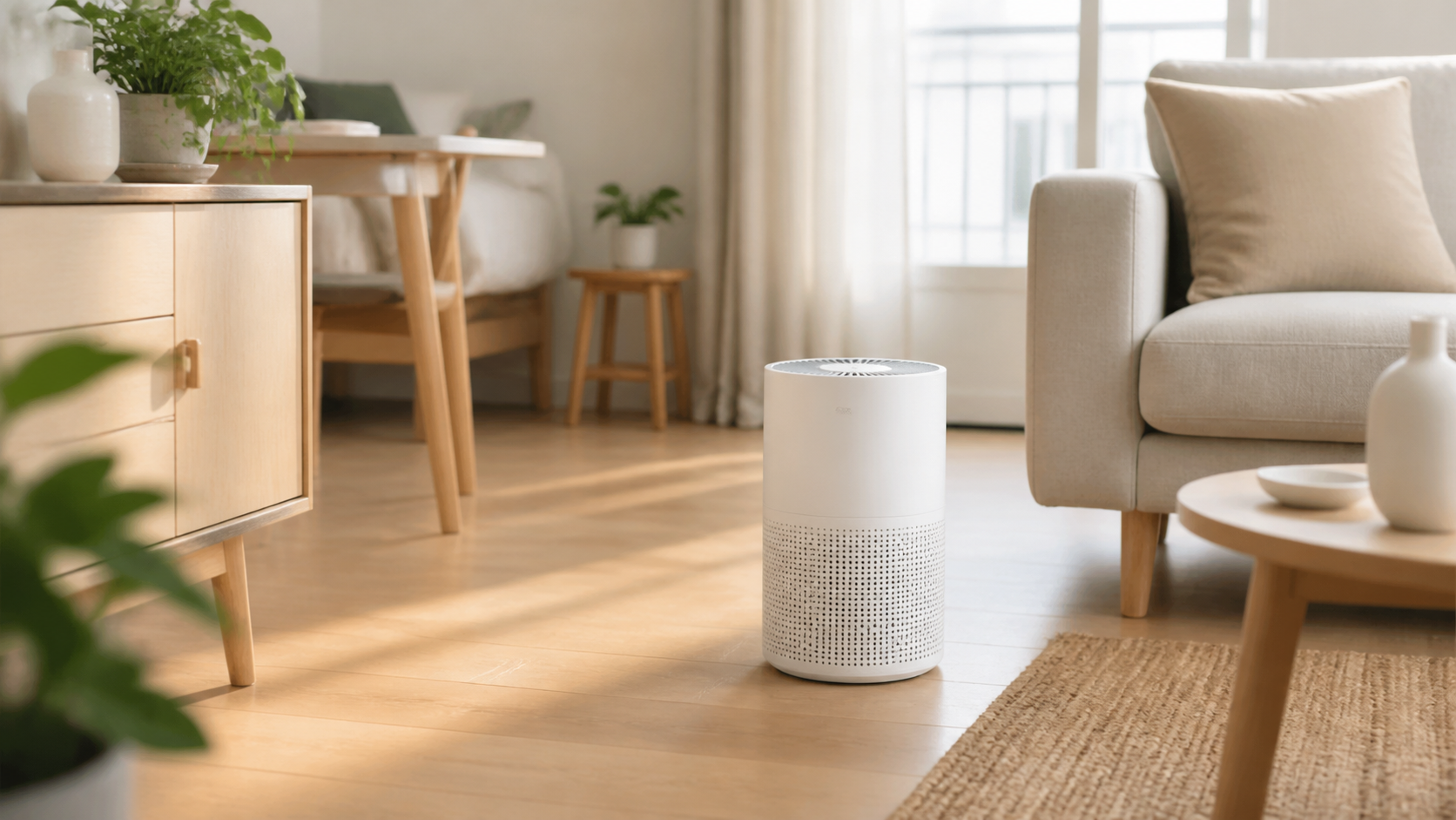 Petit purificateur d'air blanc dans un intérieur épuré