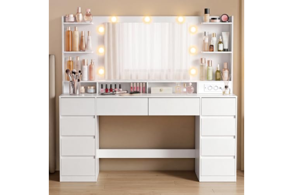 Grande coiffeuse VASAGLE blanc nuage avec miroir LED et dix tiroirs