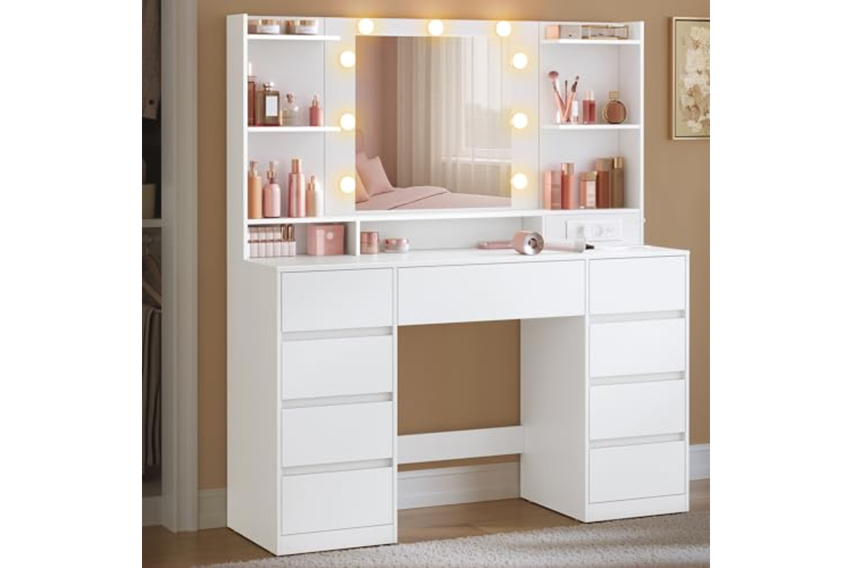 Coiffeuse VASAGLE Kailyn blanc nuage avec miroir, neuf ampoules LED et tiroirs