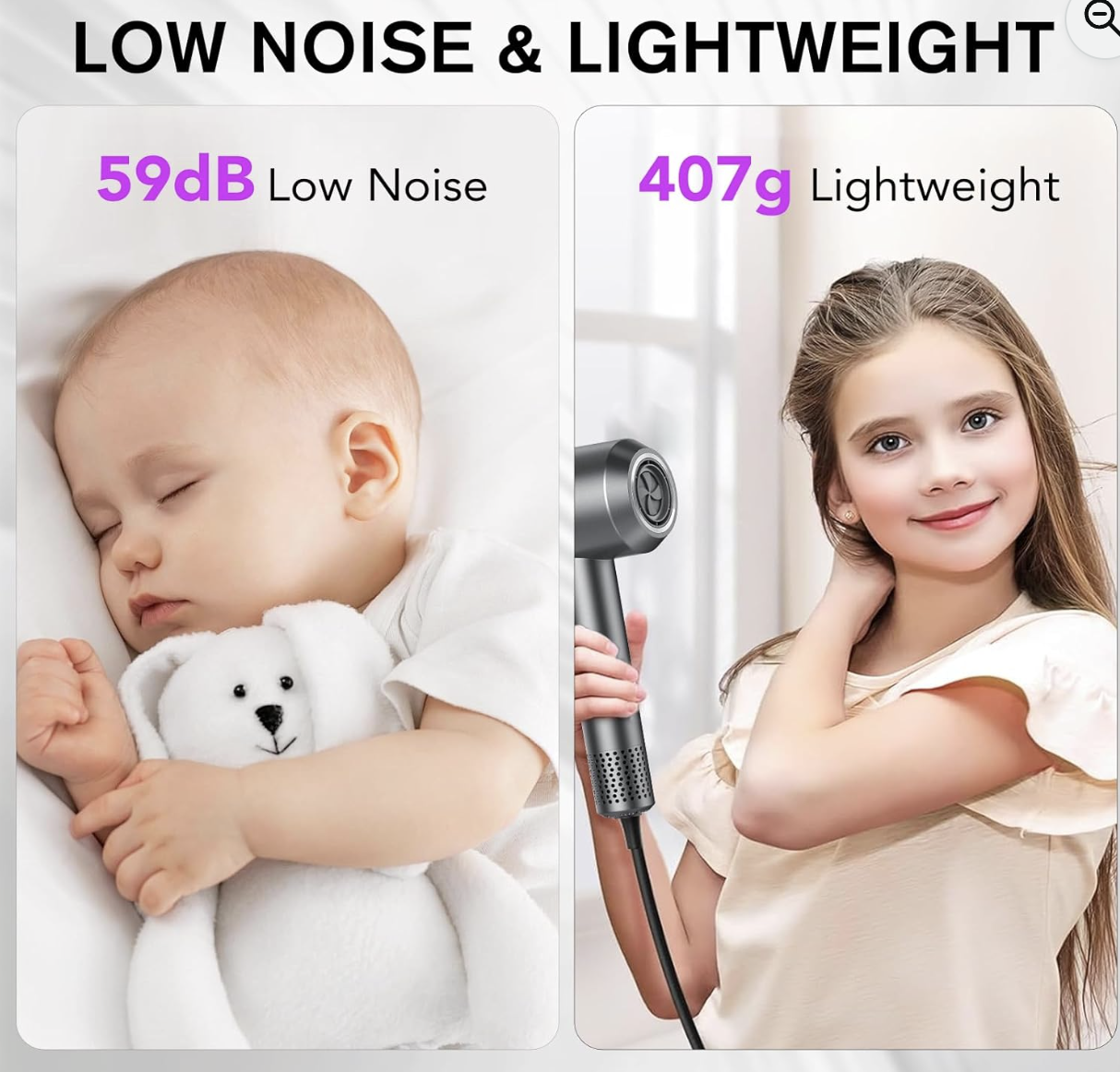 Aowoka seche-cheveux silencieux 59 dB et leger 407g