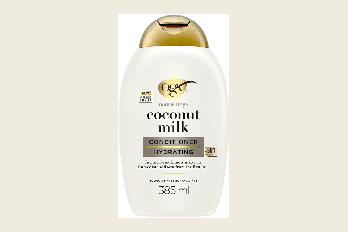 OGX Coconut Milk après-shampoing lait coco huile coco sans sulfates cheveux épais secs 385ml format généreux prix accessible supermarché budget serré