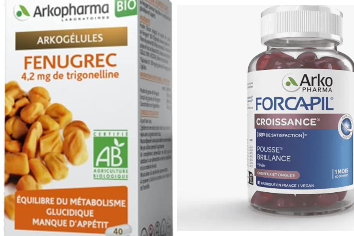 Deux compléments Arkopharma : les Arkogélules Fenugrec bio et les gummies Forcapil Croissance