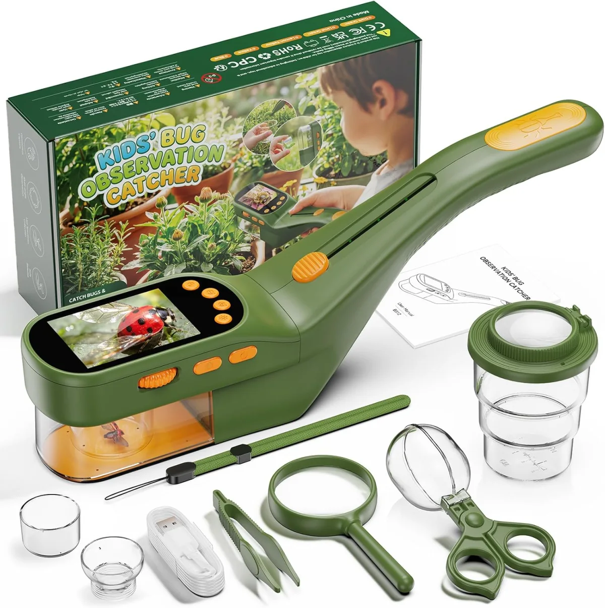 Kit d'exploration ASPOVEN vert avec écran, boîte d'observation, loupe et accessoires
