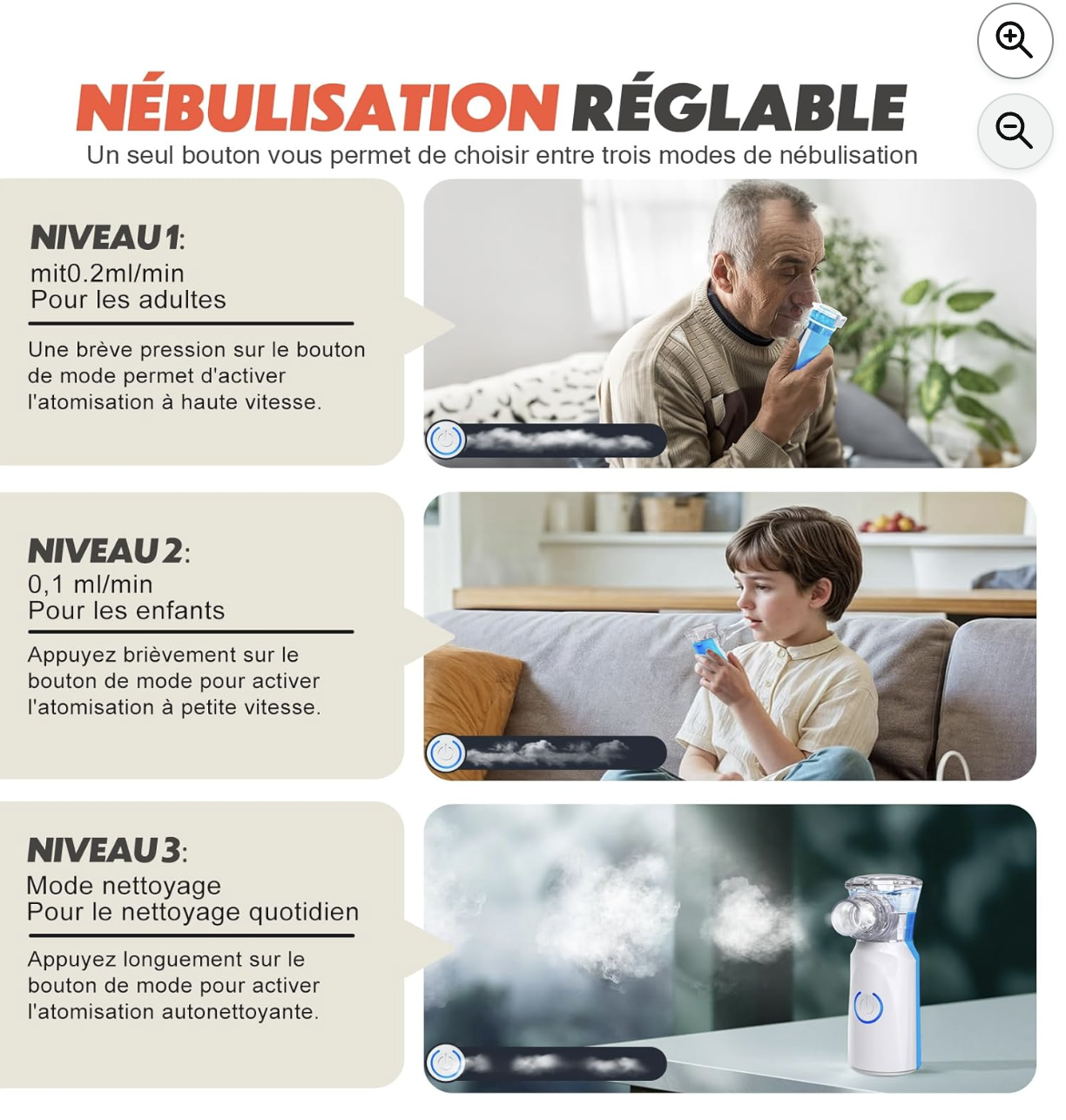 AU YAT nebuliseur 3 niveaux reglables adultes enfants nettoyage