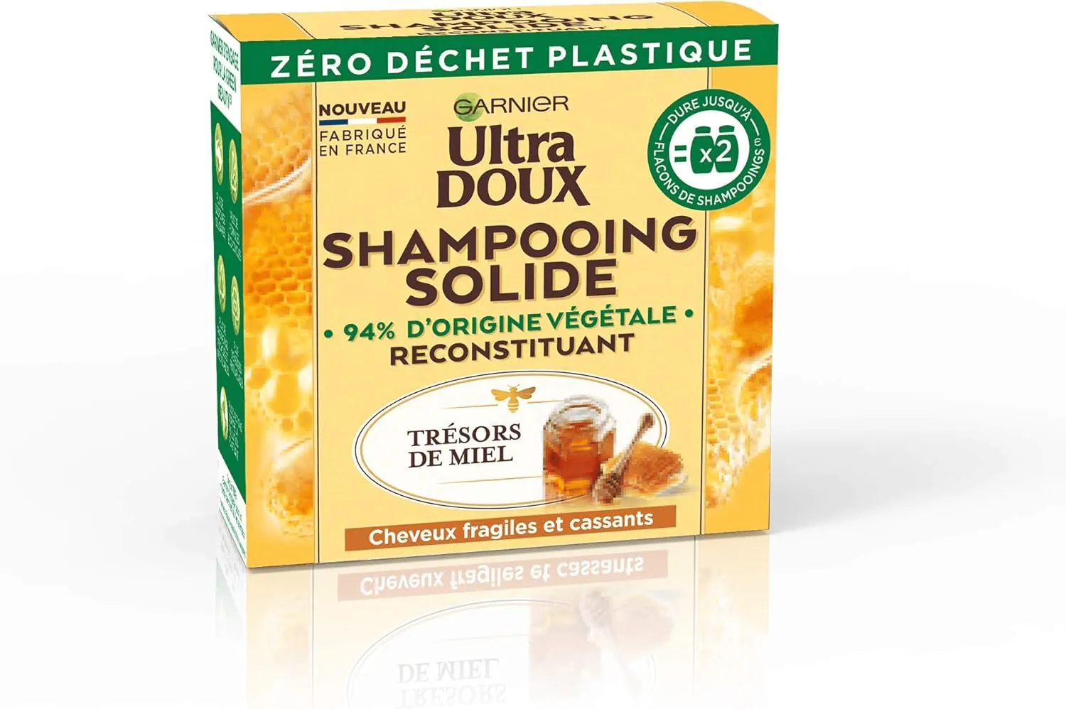 Shampoing solide Garnier Ultra Doux Trésors de Miel avis test cheveux fragiles cassants 60g zéro plastique