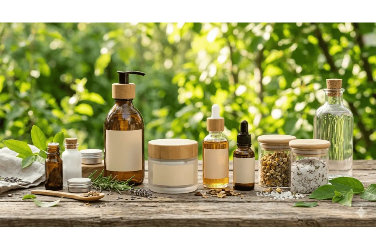 Flacons cosmétiques bio Léa Nature Jonzac SO BiO étic Natessance table bois pipettes camomille lavande romarin fond végétal nature