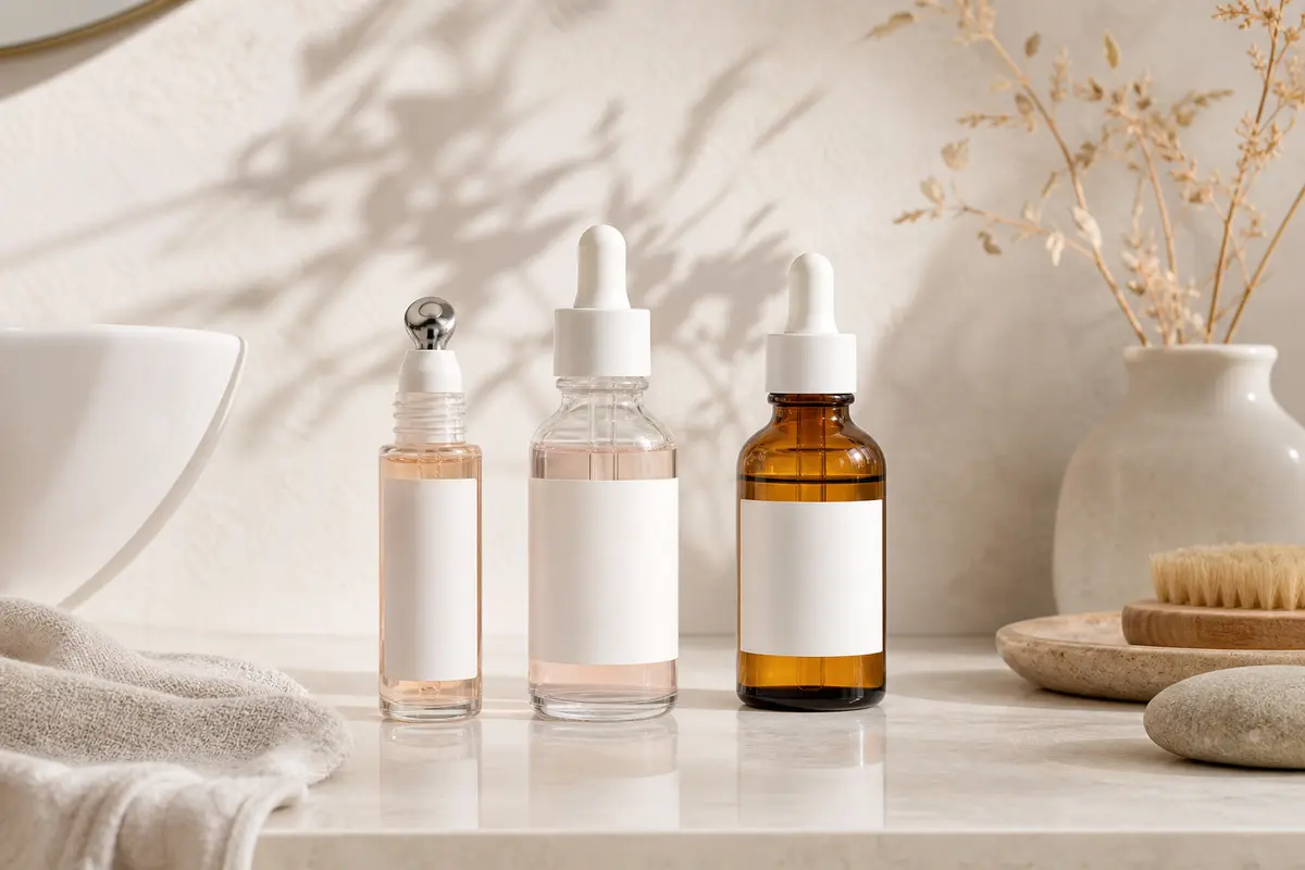 Sérum contour des yeux, sérum visage et huile de nuit sur une coiffeuse