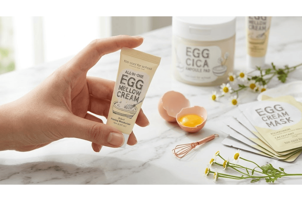 Egg Mellow Cream Too Cool For School : tube tenu en main avec œuf cassé jaune visible camomille fraîche et pot Egg Cica Ampoule Pad en arrière-plan