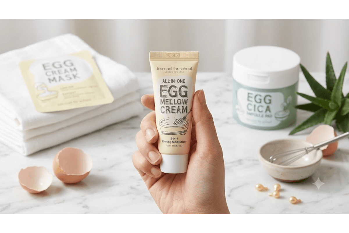 Gamme Egg Too Cool For School : tube Egg Mellow Cream en main avec masque Egg Cream Mask pot Egg Cica Ampoule Pad coquilles d'œufs cassés et aloe vera