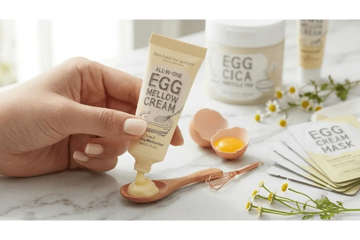 Egg Mellow Cream Too Cool For School : texture crème jaune pâle qui sort du tube sur une cuillère en bois avec œuf cassé et masques Egg Cream Mask en arrière-plan