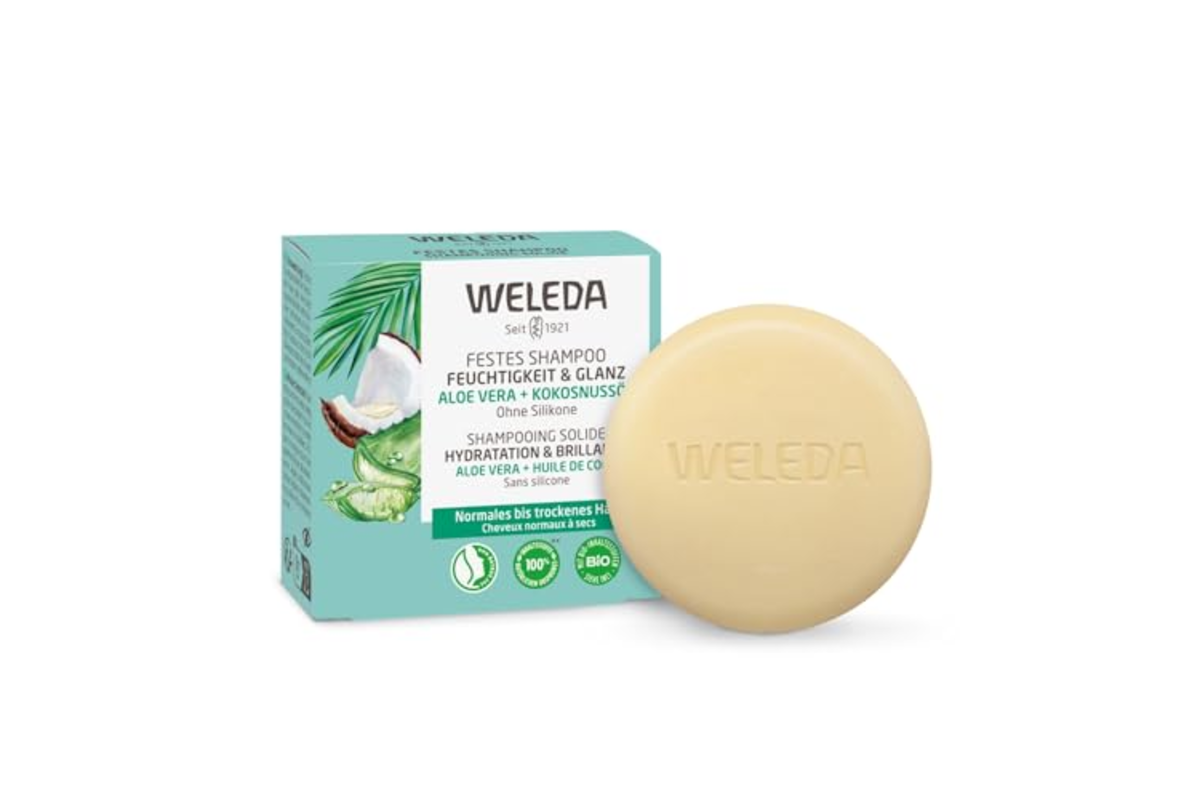 Weleda Shampooing Solide Hydratation & Brillance 50g : aloe vera bio + huile de coco + protéines de chanvre, certifié NATRUE